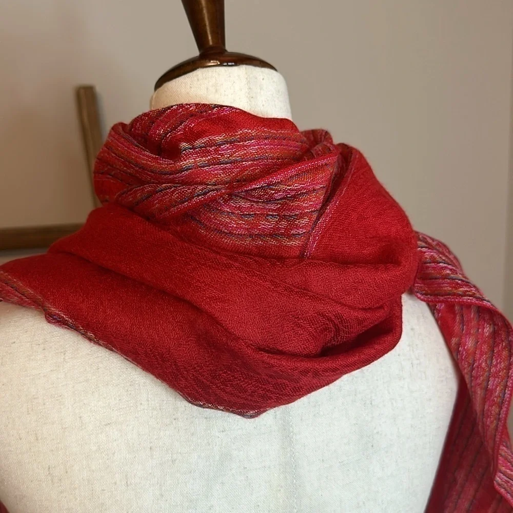 Soft Red Scarf with Striping and Fringe- Viscose and Acrylic Blend
